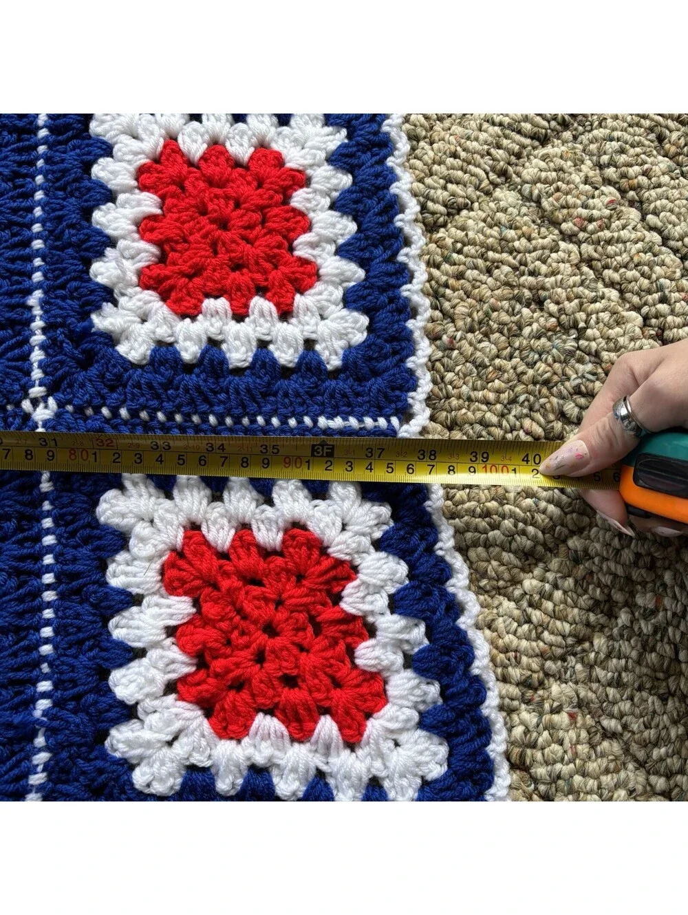 Vintage Handmade Afghan Crochet Blanket Quilt Granny Square American Flag 56x38”